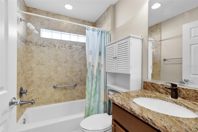 full bathroom with vanity, toilet, and shower / bathtub combination with curtain