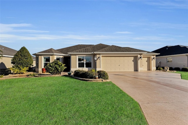 single story home featuring a front yard and a garage