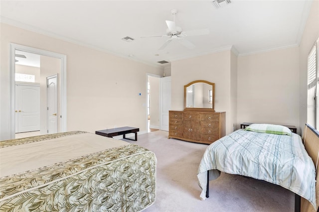 bedroom with light colored carpet, ceiling fan, and ornamental molding