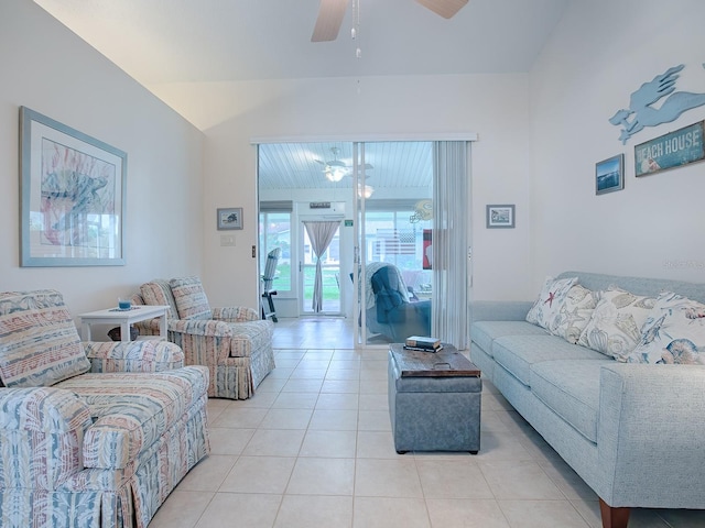 living room with ceiling fan and light tile patterned floors