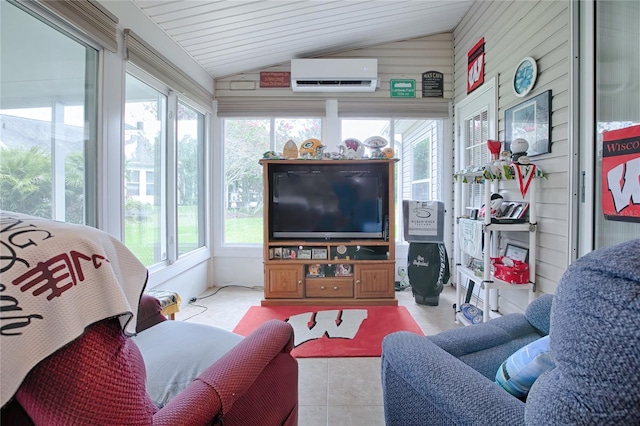 sunroom / solarium with a wall mounted air conditioner, vaulted ceiling, and a healthy amount of sunlight