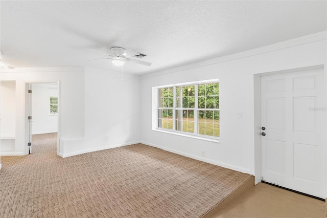 carpeted empty room with a textured ceiling, plenty of natural light, ornamental molding, and ceiling fan