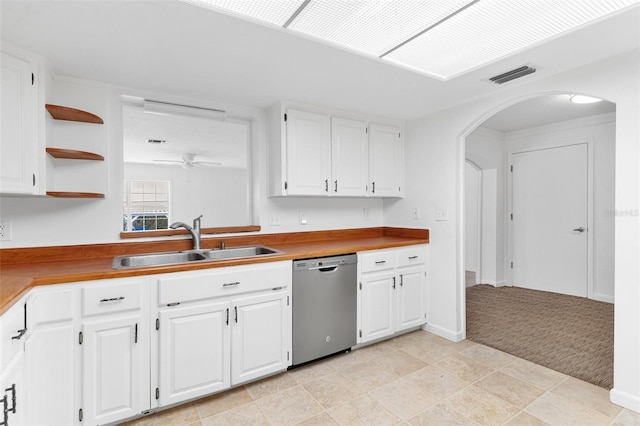 kitchen with ceiling fan, sink, dishwasher, butcher block countertops, and white cabinetry