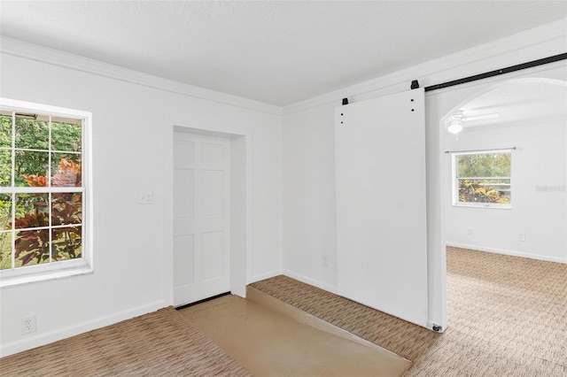 carpeted empty room featuring a barn door and crown molding