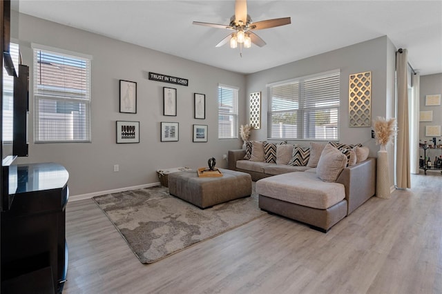 living room with ceiling fan and light hardwood / wood-style flooring