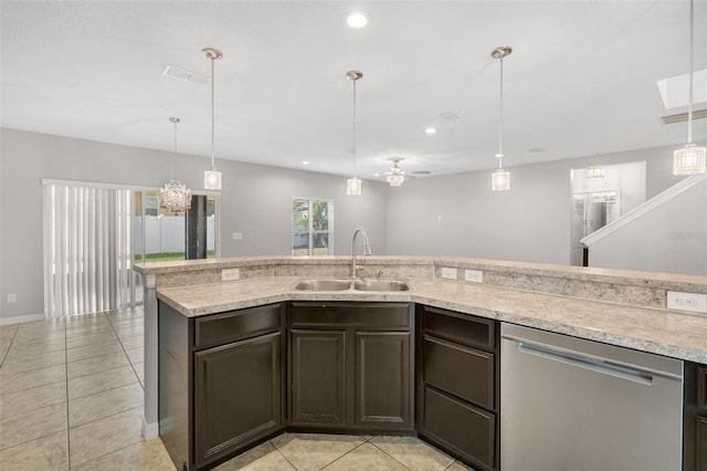 kitchen with dark brown cabinetry, ceiling fan, sink, dishwasher, and pendant lighting