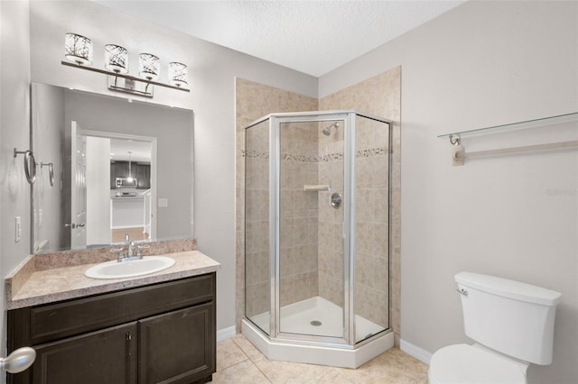 bathroom featuring tile patterned floors, a shower with door, a textured ceiling, and toilet