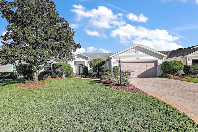 ranch-style house with a front yard and a garage