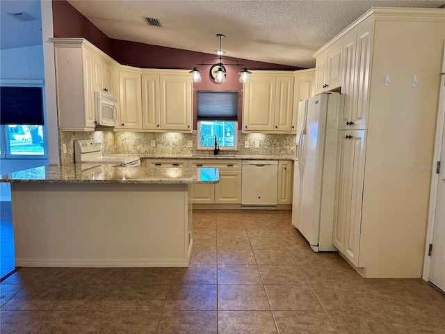 kitchen featuring sink, white cabinets, hanging light fixtures, kitchen peninsula, and white appliances