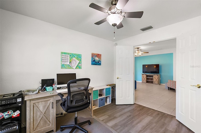 office area featuring ceiling fan and wood-type flooring