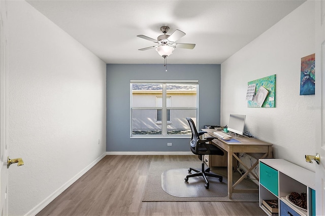 office area featuring hardwood / wood-style flooring and ceiling fan