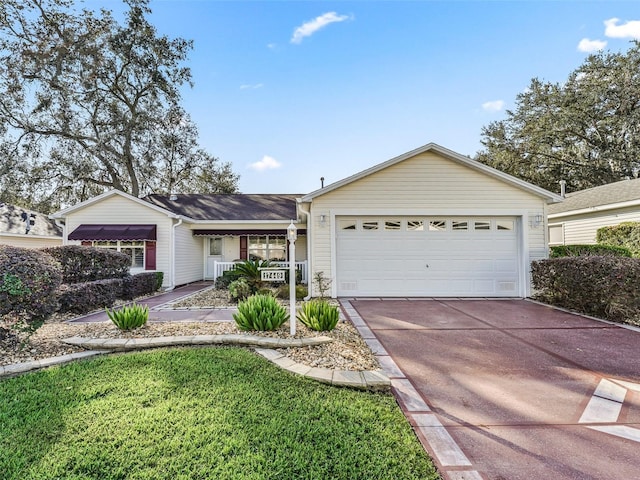 ranch-style house featuring a porch and a garage