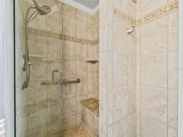 bathroom featuring walk in shower and ornamental molding