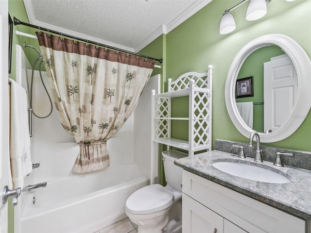 full bathroom featuring ornamental molding, vanity, a textured ceiling, shower / bath combo with shower curtain, and toilet