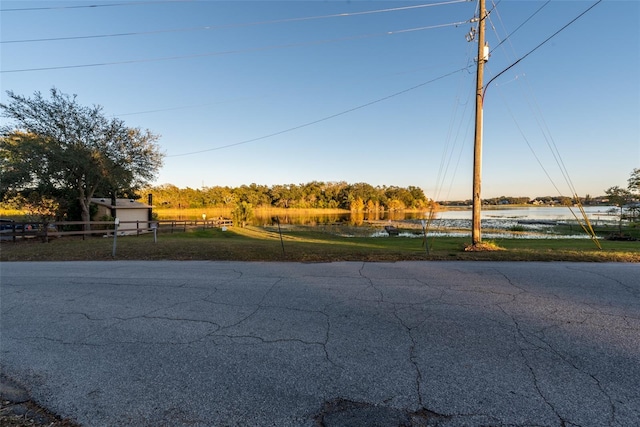 view of street with a water view