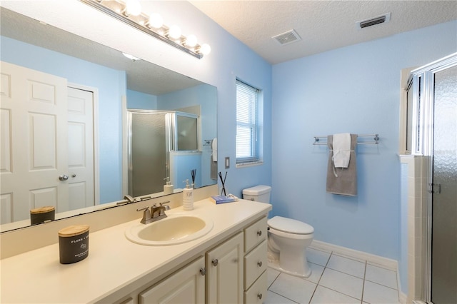 bathroom featuring tile patterned floors, walk in shower, vanity, a textured ceiling, and toilet