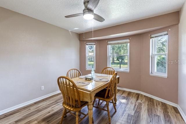 dining room featuring hardwood / wood-style floors, a textured ceiling, and ceiling fan