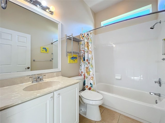 full bathroom with tile patterned floors, vanity, shower / bathtub combination with curtain, and toilet