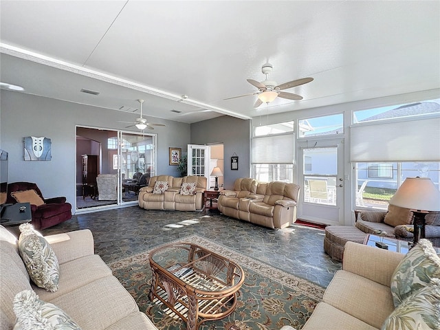 living room featuring ceiling fan