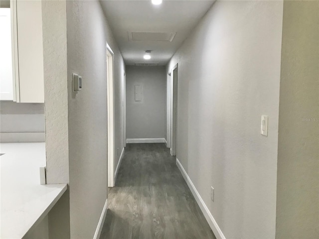 hallway with dark wood-type flooring