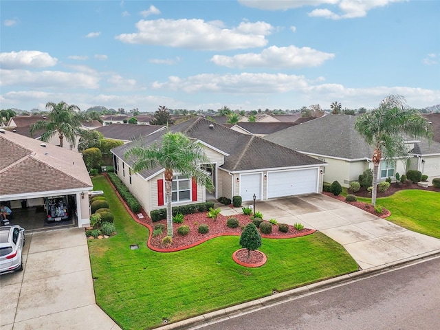 ranch-style house with a front yard and a garage