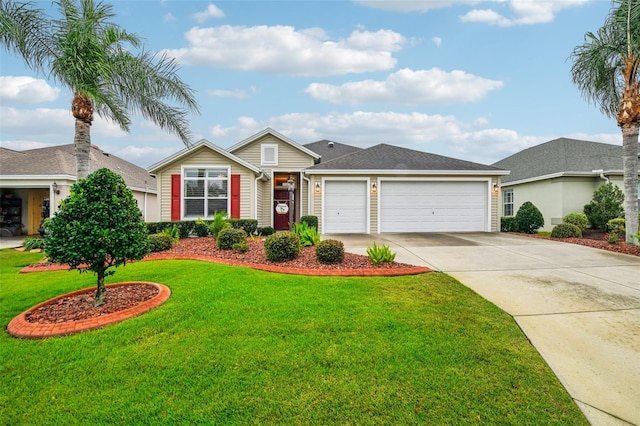 ranch-style home featuring a front yard and a garage