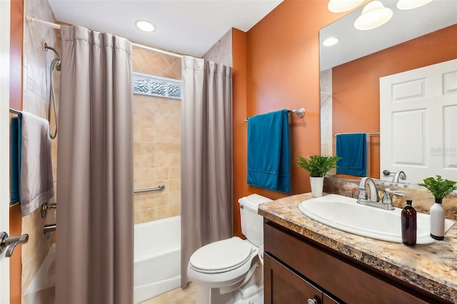 full bathroom with tile patterned flooring, vanity, toilet, and shower / tub combo with curtain