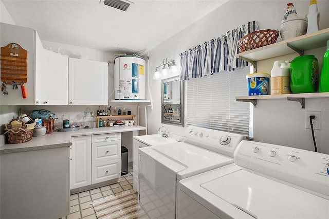 laundry area with sink, electric water heater, and washing machine and clothes dryer