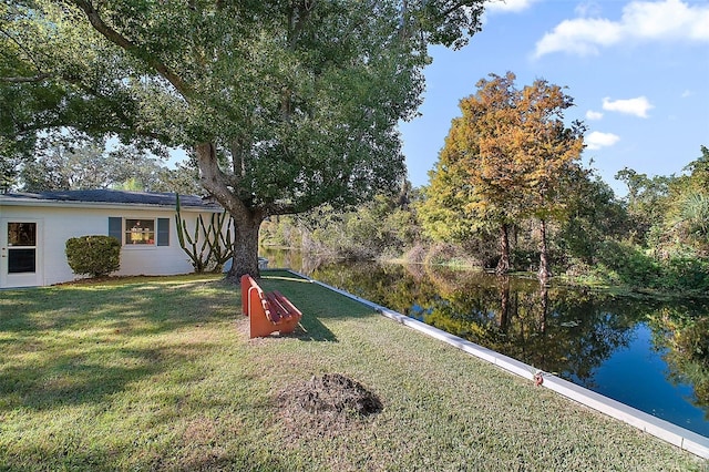 view of community with a lawn and a water view