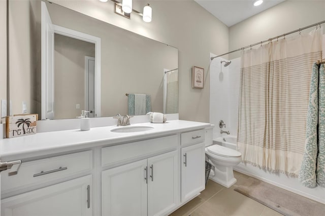 full bathroom featuring tile patterned floors, shower / bath combination with curtain, toilet, and vanity