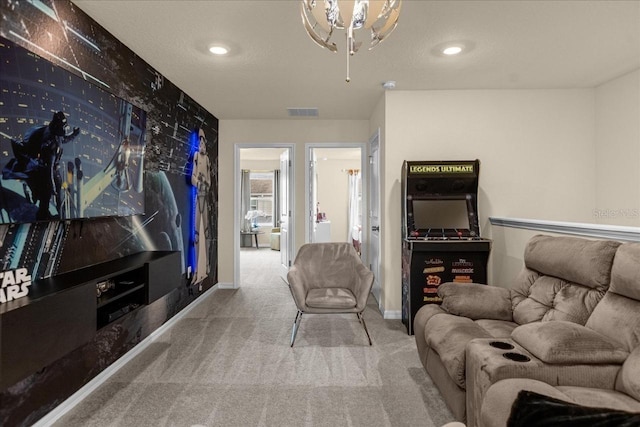 living room featuring light colored carpet