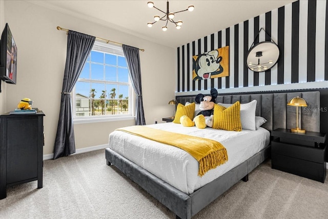 bedroom with carpet flooring and a notable chandelier