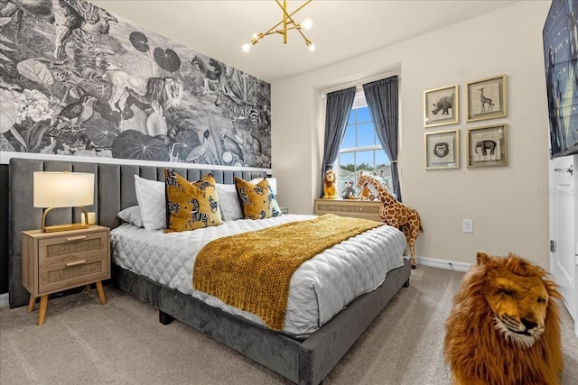 bedroom with carpet floors and a notable chandelier