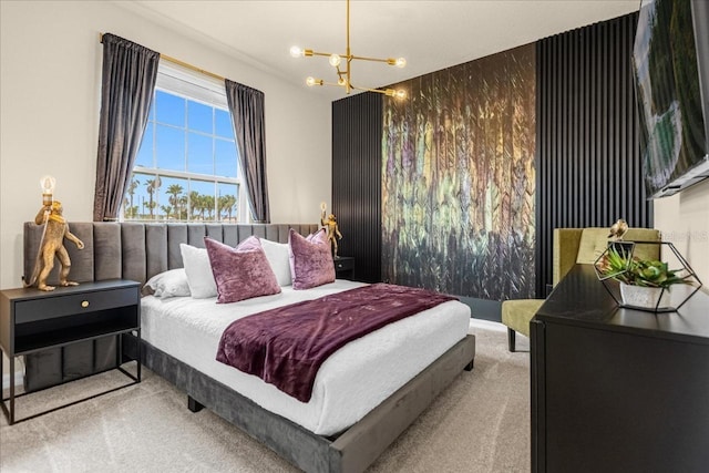 carpeted bedroom with a chandelier