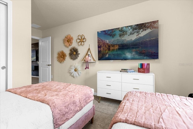 carpeted bedroom with a textured ceiling