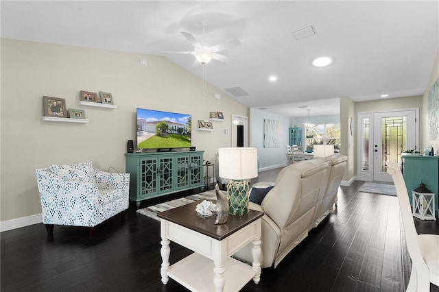 living room featuring hardwood / wood-style floors, ceiling fan, and lofted ceiling