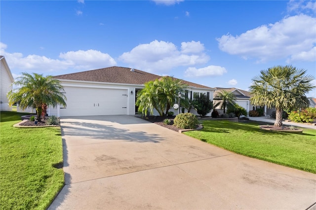 ranch-style house with a garage and a front lawn