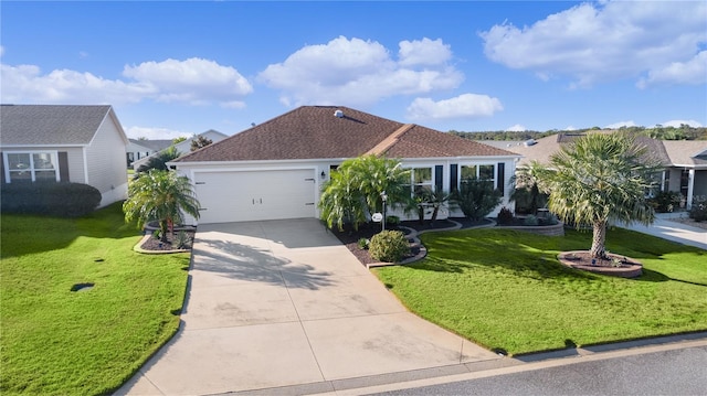 single story home with a front yard and a garage