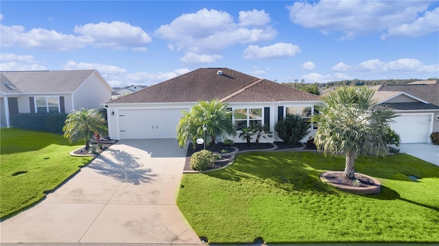 single story home featuring a garage and a front lawn