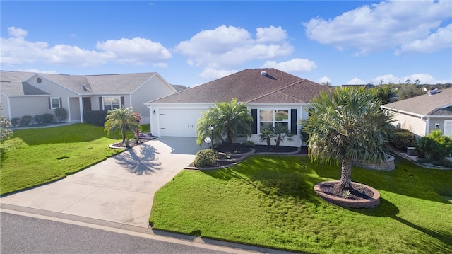 ranch-style home with a garage and a front lawn