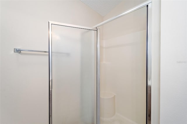 bathroom with a textured ceiling, vaulted ceiling, and a shower with shower door