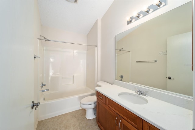 full bathroom featuring tile patterned flooring, a textured ceiling, toilet, vanity, and shower / bathtub combination