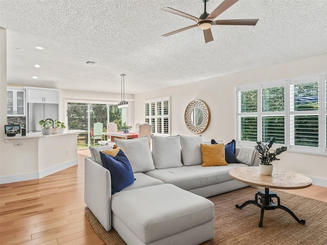 living room featuring a textured ceiling, light hardwood / wood-style flooring, and plenty of natural light