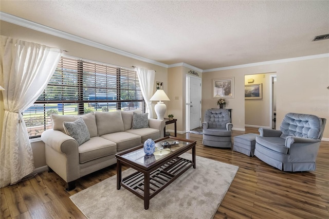 living room with a textured ceiling, crown molding, and dark wood-type flooring