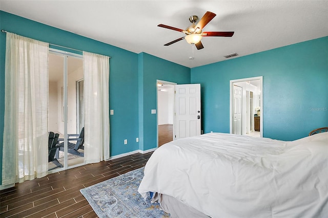 bedroom with access to outside, dark hardwood / wood-style floors, and ceiling fan