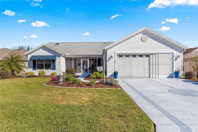 ranch-style house with a front lawn and a garage