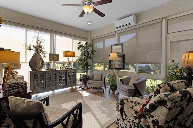 tiled living room with an AC wall unit and ceiling fan