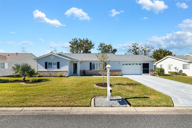 ranch-style home with a garage and a front lawn