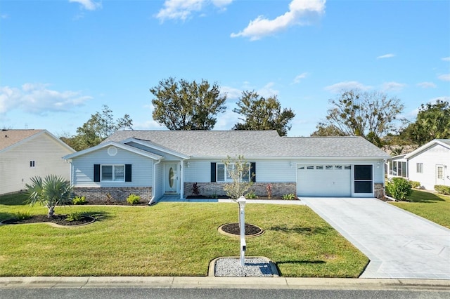 ranch-style house with a front lawn and a garage