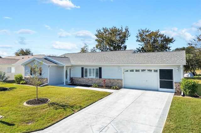 single story home with a garage and a front lawn